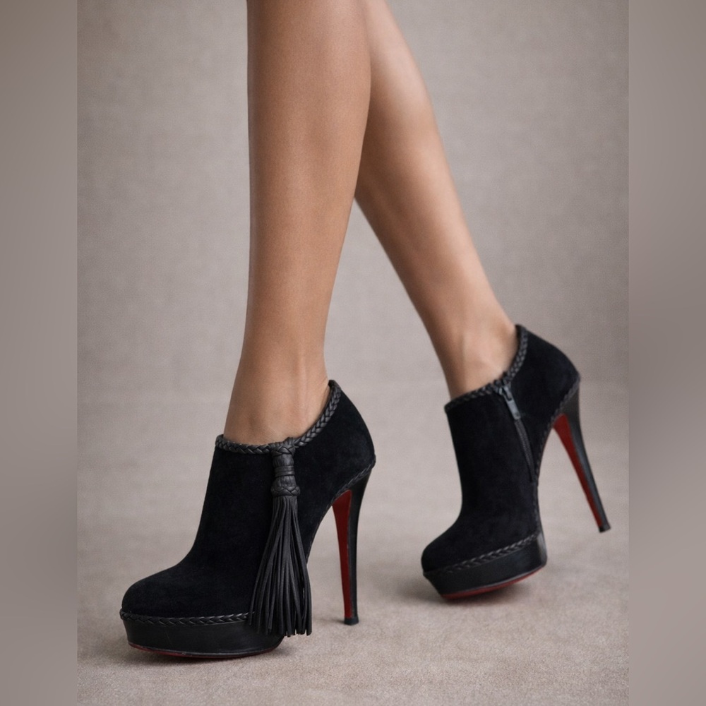 CHRISTIAN LOUBOUTIN Black Suede Tassel Platform Ankle Booties – Size 35
